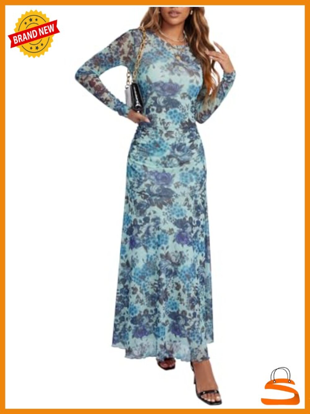 Women's Floral Mesh Bodycon Maxi Dress Long Sleeve Wedding Guest